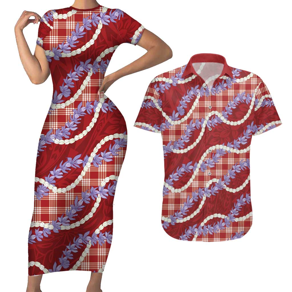Red Hawaii Palaka Honohono Pikake Couples Matching Short Sleeve Bodycon Dress and Hawaiian Shirt Hawaiian Orchid Lei Polynesian Pattern LT14 Red - Polynesian Pride