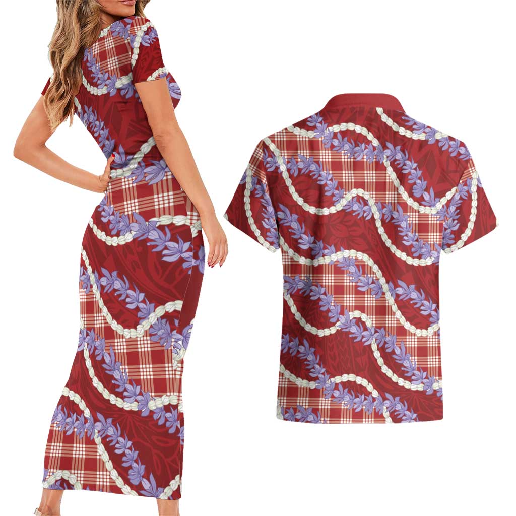Red Hawaii Palaka Honohono Pikake Couples Matching Short Sleeve Bodycon Dress and Hawaiian Shirt Hawaiian Orchid Lei Polynesian Pattern LT14 - Polynesian Pride