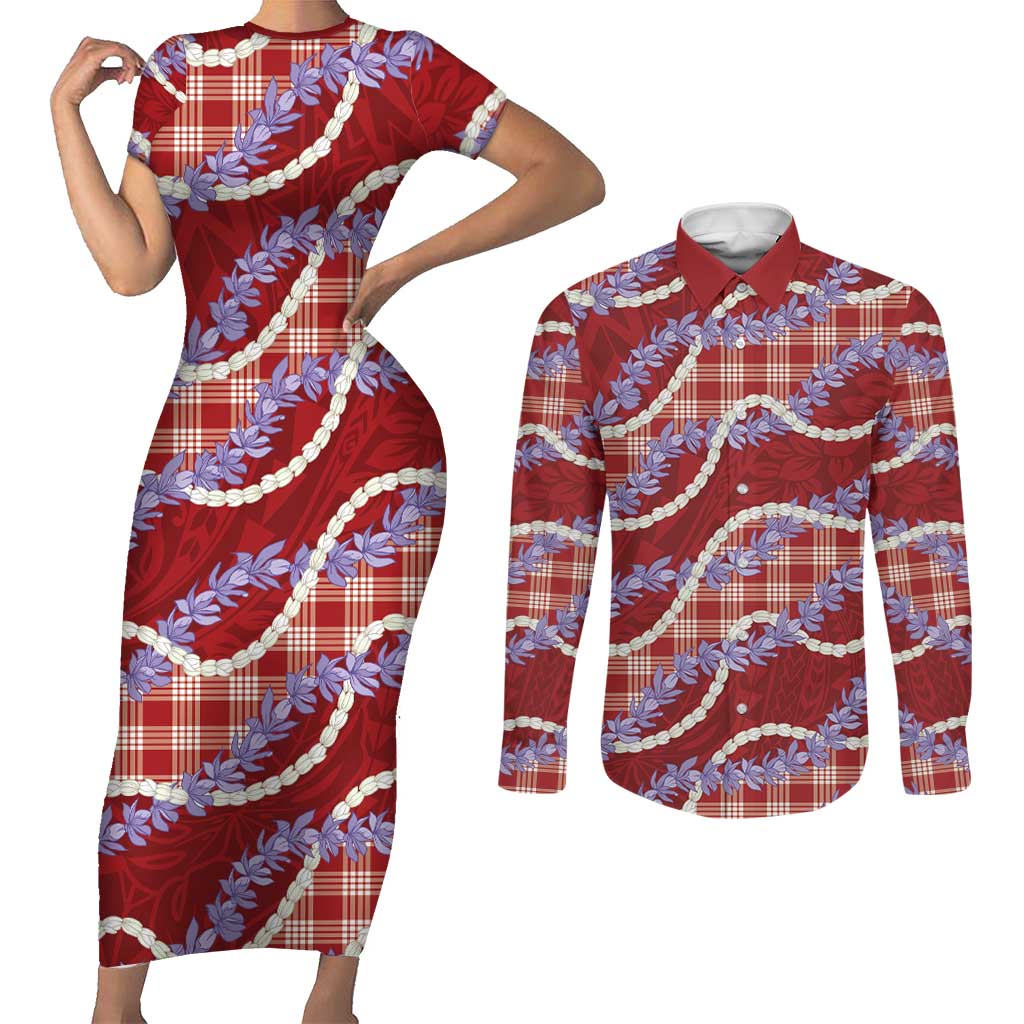 Red Hawaii Palaka Honohono Pikake Couples Matching Short Sleeve Bodycon Dress and Long Sleeve Button Shirt Hawaiian Orchid Lei Polynesian Pattern - Polynesian Pride