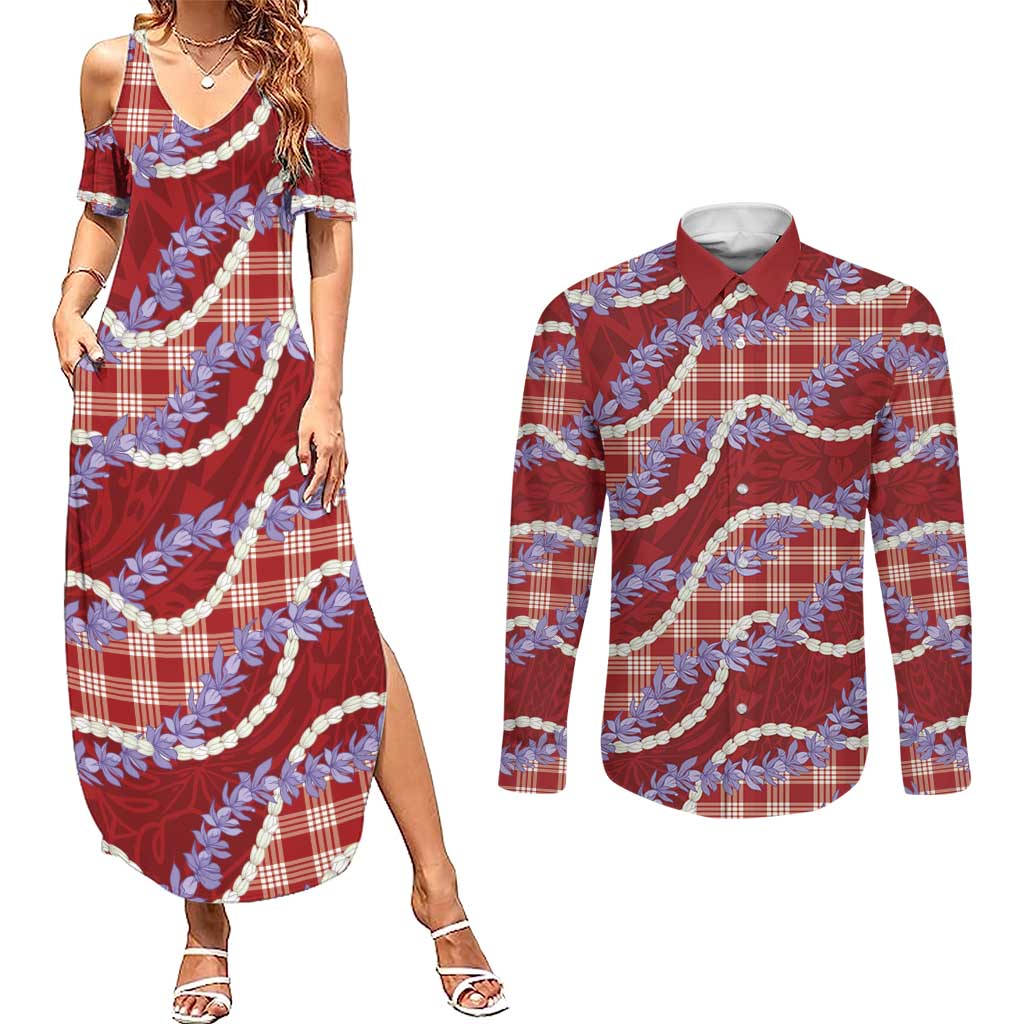 Red Hawaii Palaka Honohono Pikake Couples Matching Summer Maxi Dress and Long Sleeve Button Shirt Hawaiian Orchid Lei Polynesian Pattern - Polynesian Pride