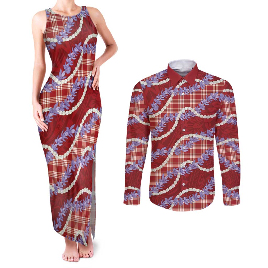 Red Hawaii Palaka Honohono Pikake Couples Matching Tank Maxi Dress and Long Sleeve Button Shirt Hawaiian Orchid Lei Polynesian Pattern - Polynesian Pride