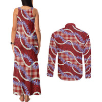 Red Hawaii Palaka Honohono Pikake Couples Matching Tank Maxi Dress and Long Sleeve Button Shirt Hawaiian Orchid Lei Polynesian Pattern LT14 - Polynesian Pride