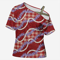 Red Hawaii Palaka Honohono Pikake Cross Shoulder Shirt Hawaiian Orchid Lei Polynesian Pattern - Polynesian Pride