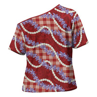 Red Hawaii Palaka Honohono Pikake Cross Shoulder Shirt Hawaiian Orchid Lei Polynesian Pattern - Polynesian Pride