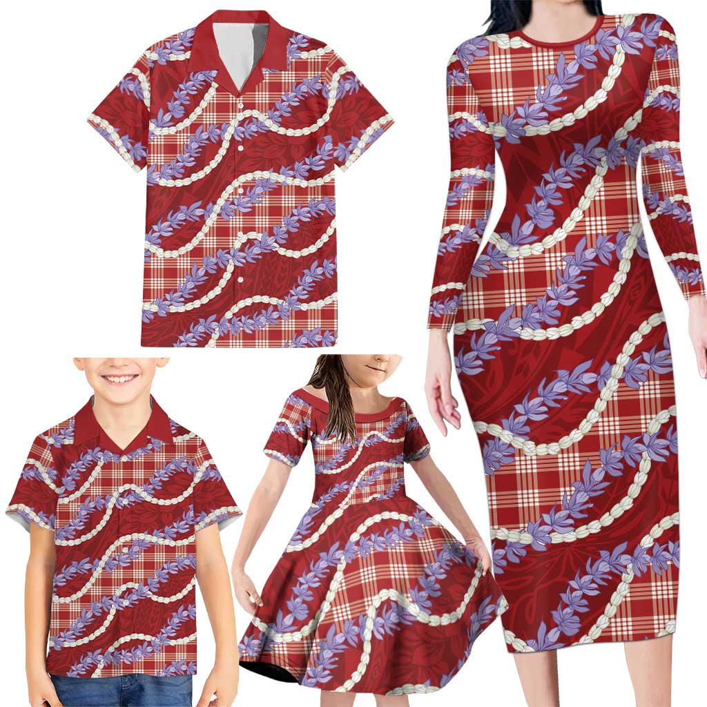 Red Hawaii Palaka Honohono Pikake Family Matching Long Sleeve Bodycon Dress and Hawaiian Shirt Hawaiian Orchid Lei Polynesian Pattern - Polynesian Pride