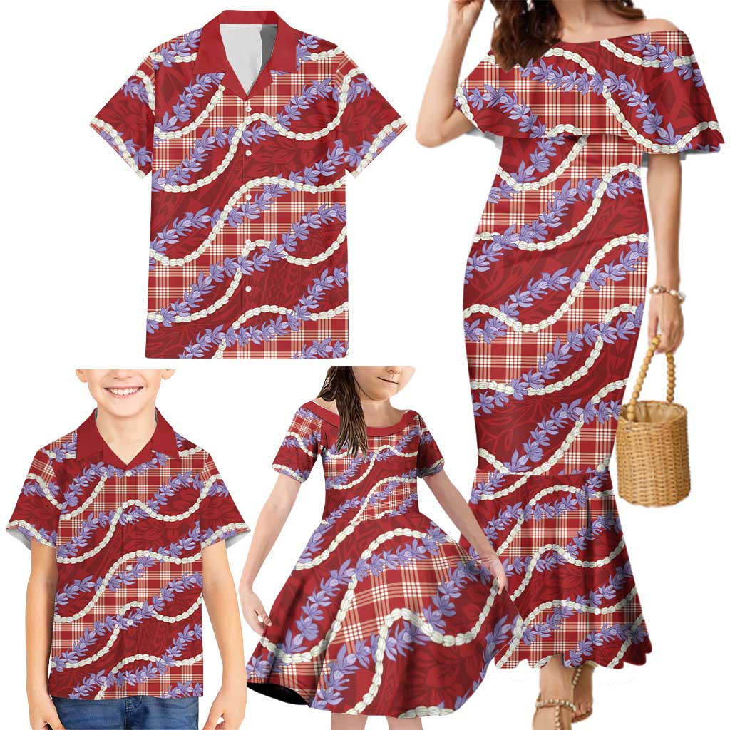 Red Hawaii Palaka Honohono Pikake Family Matching Mermaid Dress and Hawaiian Shirt Hawaiian Orchid Lei Polynesian Pattern LT14 - Polynesian Pride