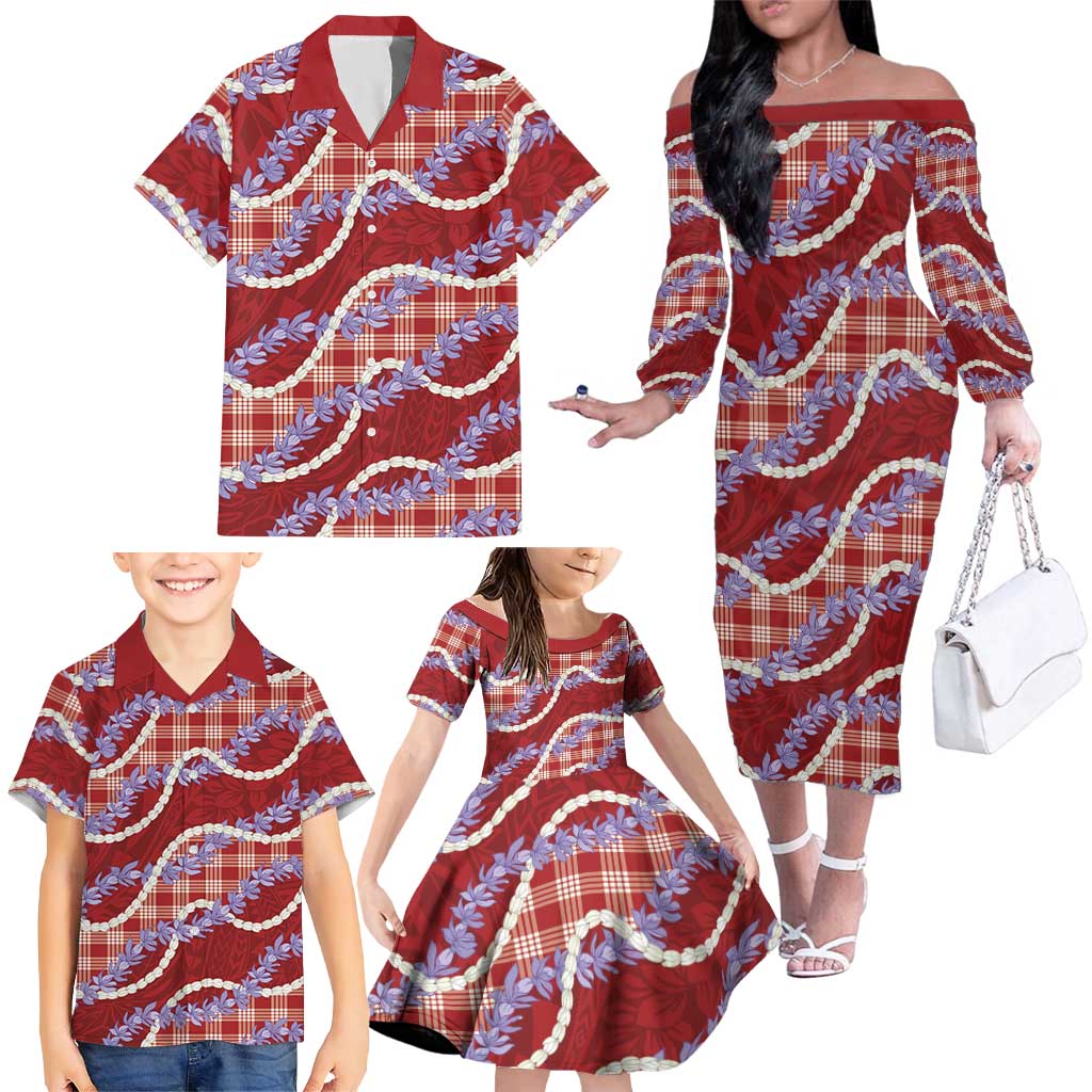 Red Hawaii Palaka Honohono Pikake Family Matching Off The Shoulder Long Sleeve Dress and Hawaiian Shirt Hawaiian Orchid Lei Polynesian Pattern - Polynesian Pride