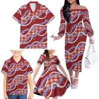 Red Hawaii Palaka Honohono Pikake Family Matching Off The Shoulder Long Sleeve Dress and Hawaiian Shirt Hawaiian Orchid Lei Polynesian Pattern LT14 - Polynesian Pride