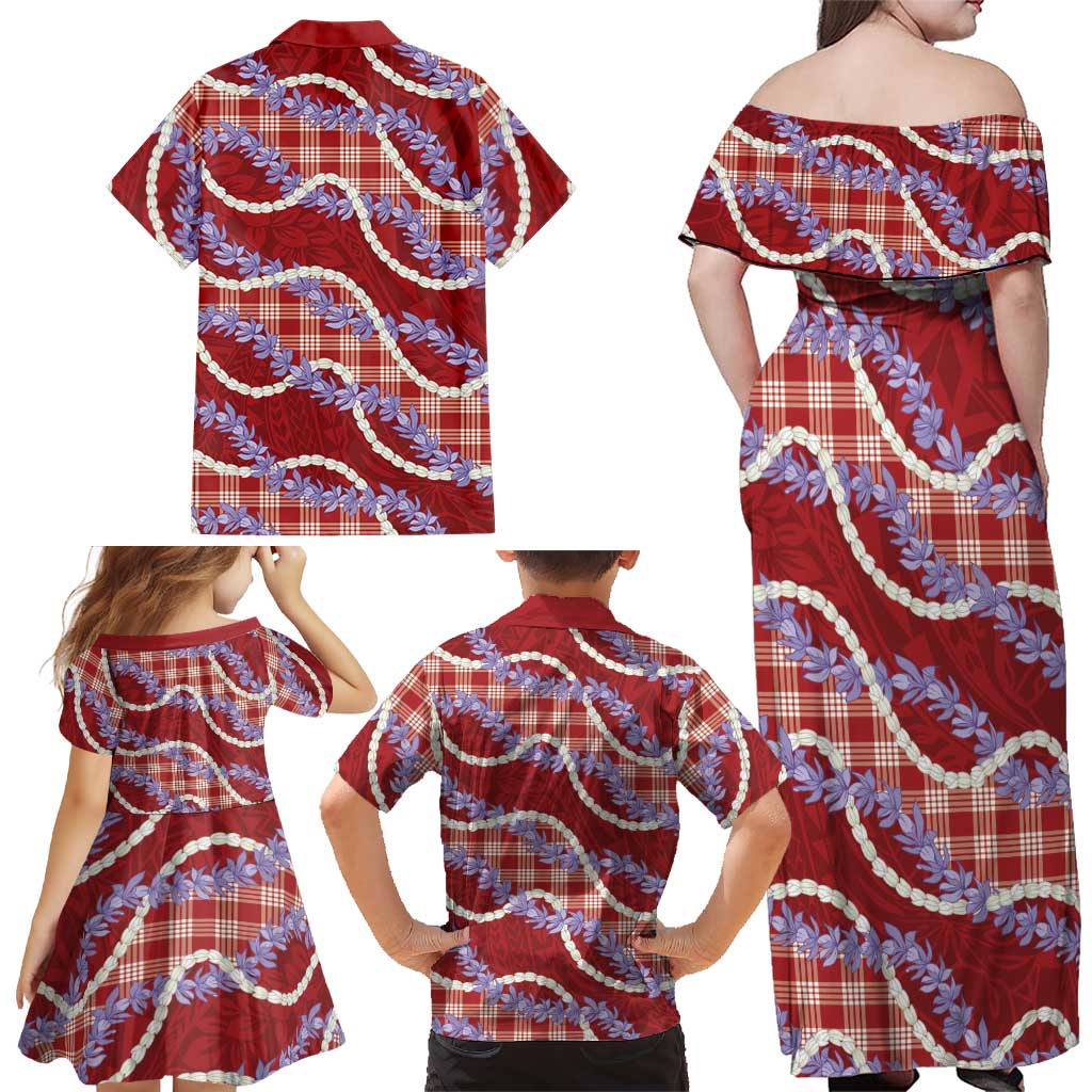 Red Hawaii Palaka Honohono Pikake Family Matching Off Shoulder Maxi Dress and Hawaiian Shirt Hawaiian Orchid Lei Polynesian Pattern LT14 - Polynesian Pride
