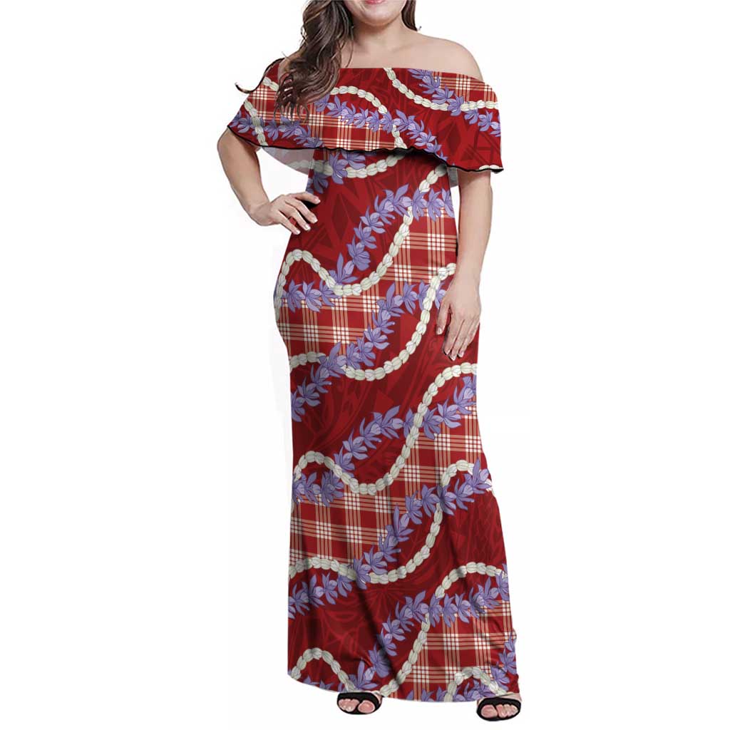 Red Hawaii Palaka Honohono Pikake Family Matching Off Shoulder Maxi Dress and Hawaiian Shirt Hawaiian Orchid Lei Polynesian Pattern LT14 Red - Polynesian Pride