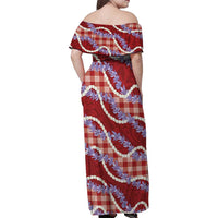 Red Hawaii Palaka Honohono Pikake Family Matching Off Shoulder Maxi Dress and Hawaiian Shirt Hawaiian Orchid Lei Polynesian Pattern LT14 - Polynesian Pride