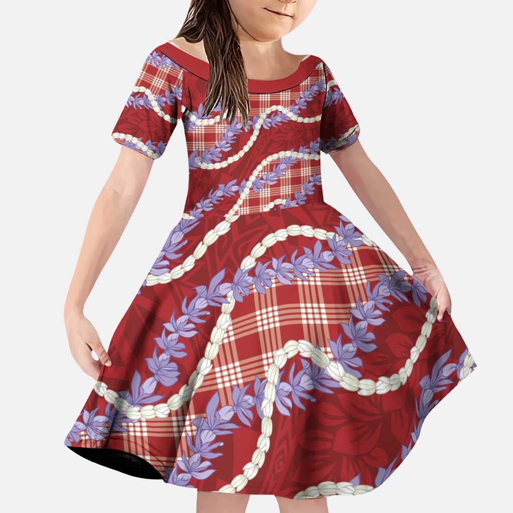Red Hawaii Palaka Honohono Pikake Family Matching Off Shoulder Short Dress and Hawaiian Shirt Hawaiian Orchid Lei Polynesian Pattern LT14 Daughter's Dress Red - Polynesian Pride