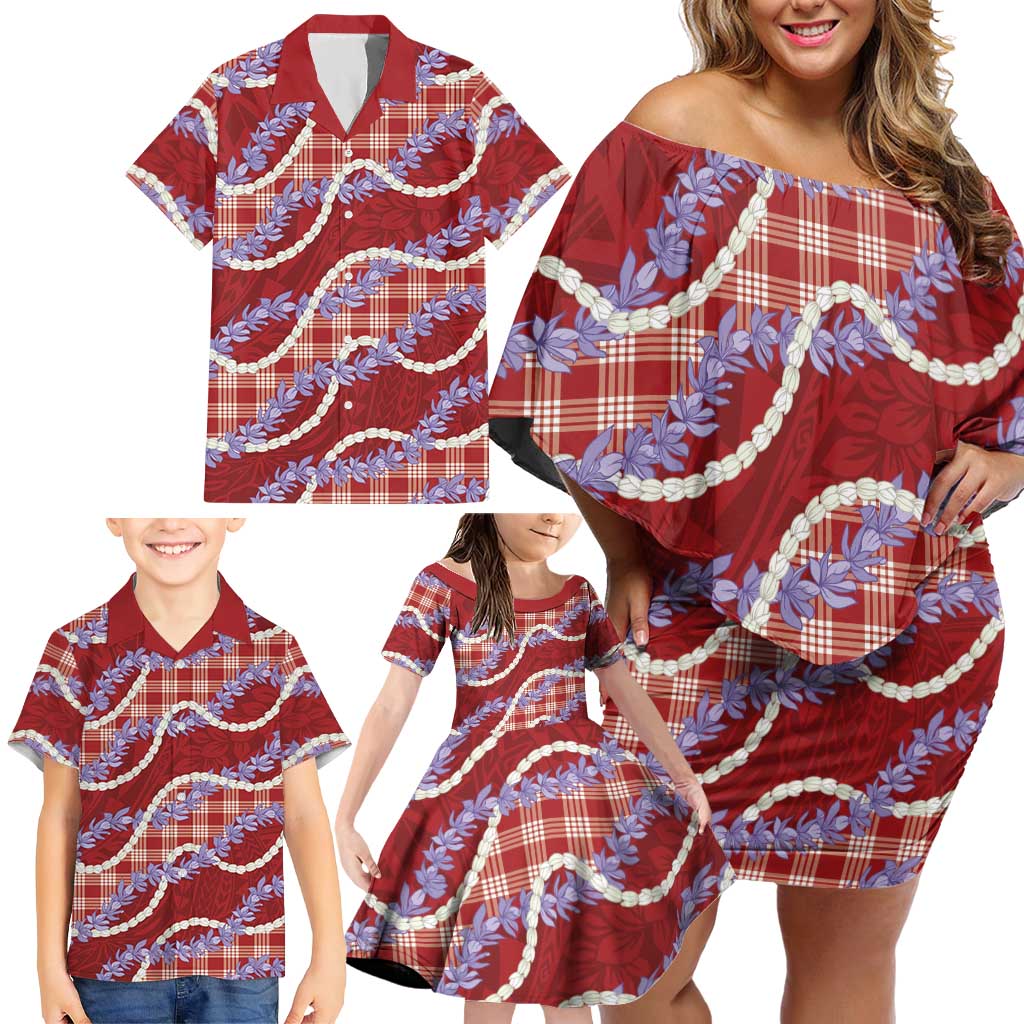 Red Hawaii Palaka Honohono Pikake Family Matching Off Shoulder Short Dress and Hawaiian Shirt Hawaiian Orchid Lei Polynesian Pattern - Polynesian Pride