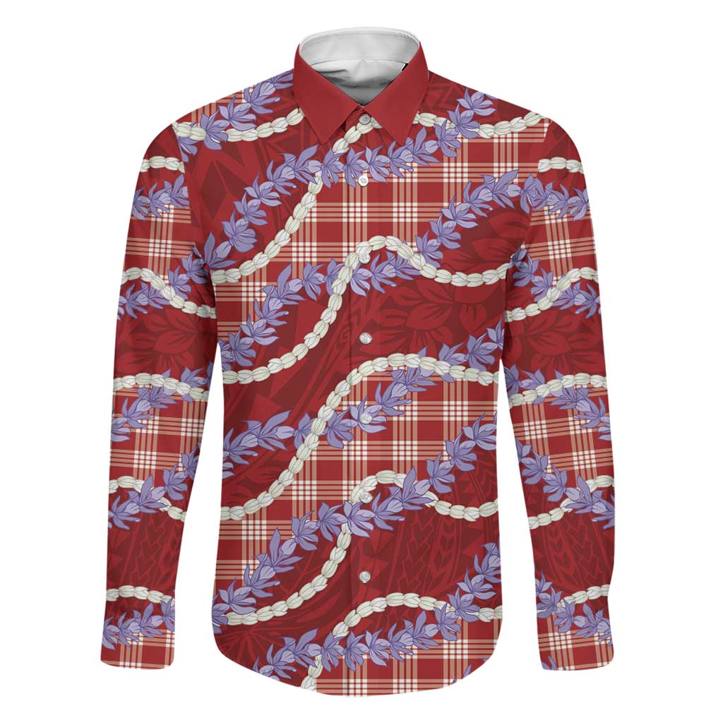 Red Hawaii Palaka Honohono Pikake Family Matching Off Shoulder Short Dress and Hawaiian Shirt Hawaiian Orchid Lei Polynesian Pattern LT14 Dad's Shirt - Long Sleeve Red - Polynesian Pride