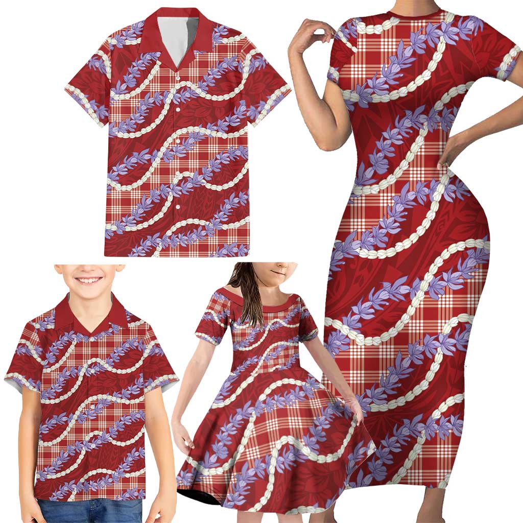 Red Hawaii Palaka Honohono Pikake Family Matching Short Sleeve Bodycon Dress and Hawaiian Shirt Hawaiian Orchid Lei Polynesian Pattern - Polynesian Pride
