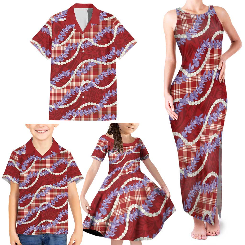 Red Hawaii Palaka Honohono Pikake Family Matching Tank Maxi Dress and Hawaiian Shirt Hawaiian Orchid Lei Polynesian Pattern LT14 - Polynesian Pride