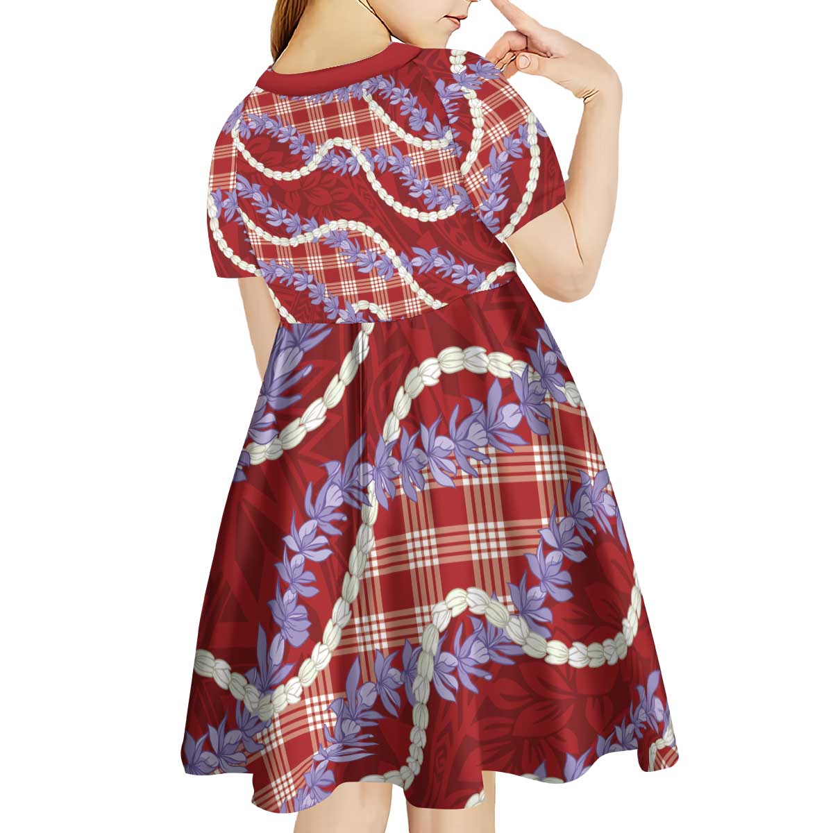 Red Hawaii Palaka Honohono Pikake Kid Short Sleeve Dress Hawaiian Orchid Lei Polynesian Pattern - Polynesian Pride