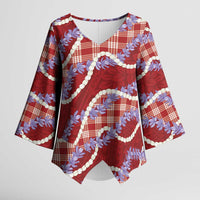 Red Hawaii Palaka Honohono Pikake Kimono Sleeve Blouse Hawaiian Orchid Lei Polynesian Pattern - Polynesian Pride