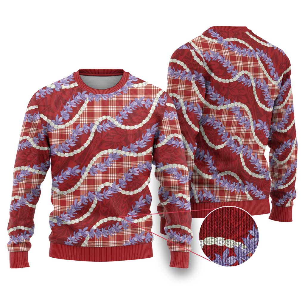 Red Hawaii Palaka Honohono Pikake Ugly Christmas Sweater Hawaiian Orchid Lei Polynesian Pattern - Polynesian Pride