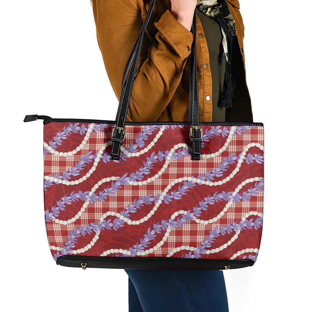 Red Hawaii Palaka Honohono Pikake Leather Tote Bag Hawaiian Orchid Lei Polynesian Pattern - Polynesian Pride