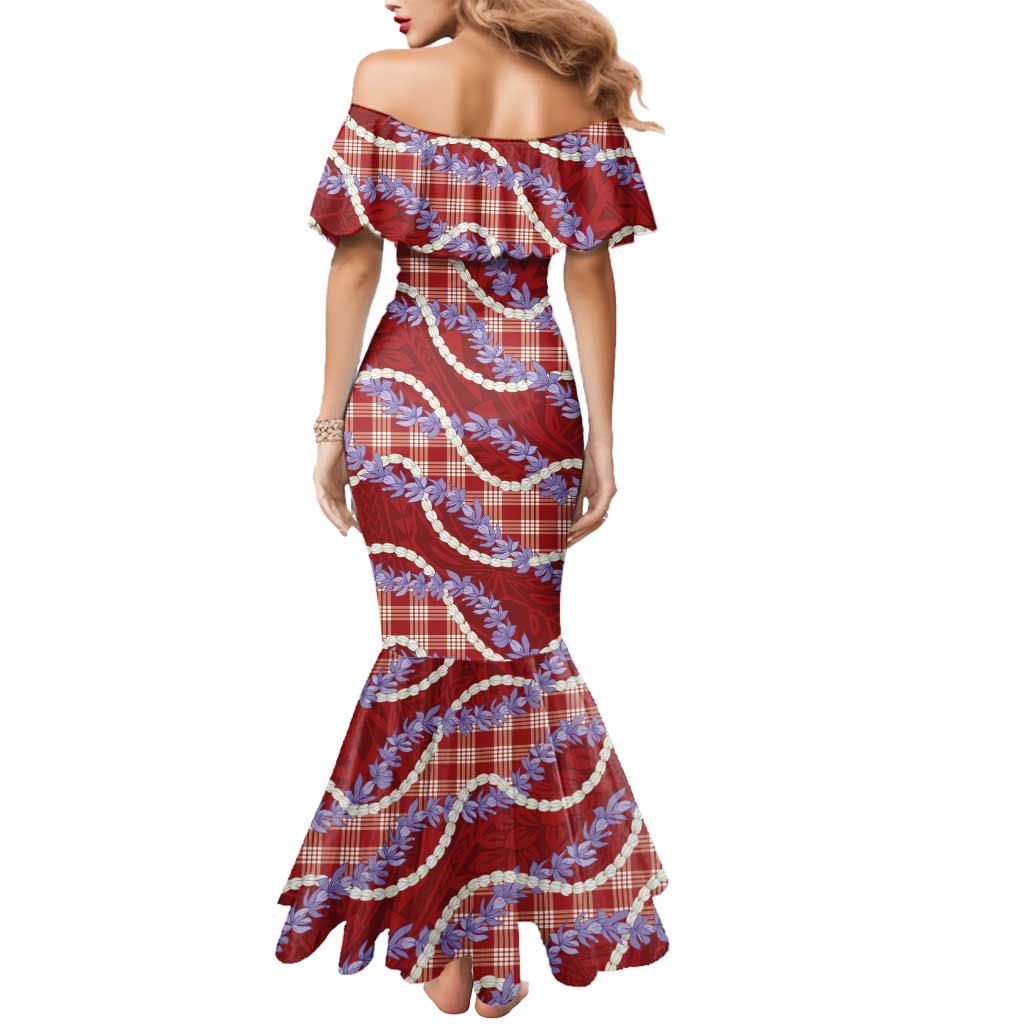 Red Hawaii Palaka Honohono Pikake Mermaid Dress Hawaiian Orchid Lei Polynesian Pattern - Polynesian Pride