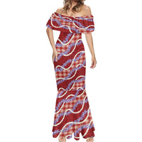 Red Hawaii Palaka Honohono Pikake Mermaid Dress Hawaiian Orchid Lei Polynesian Pattern - Polynesian Pride