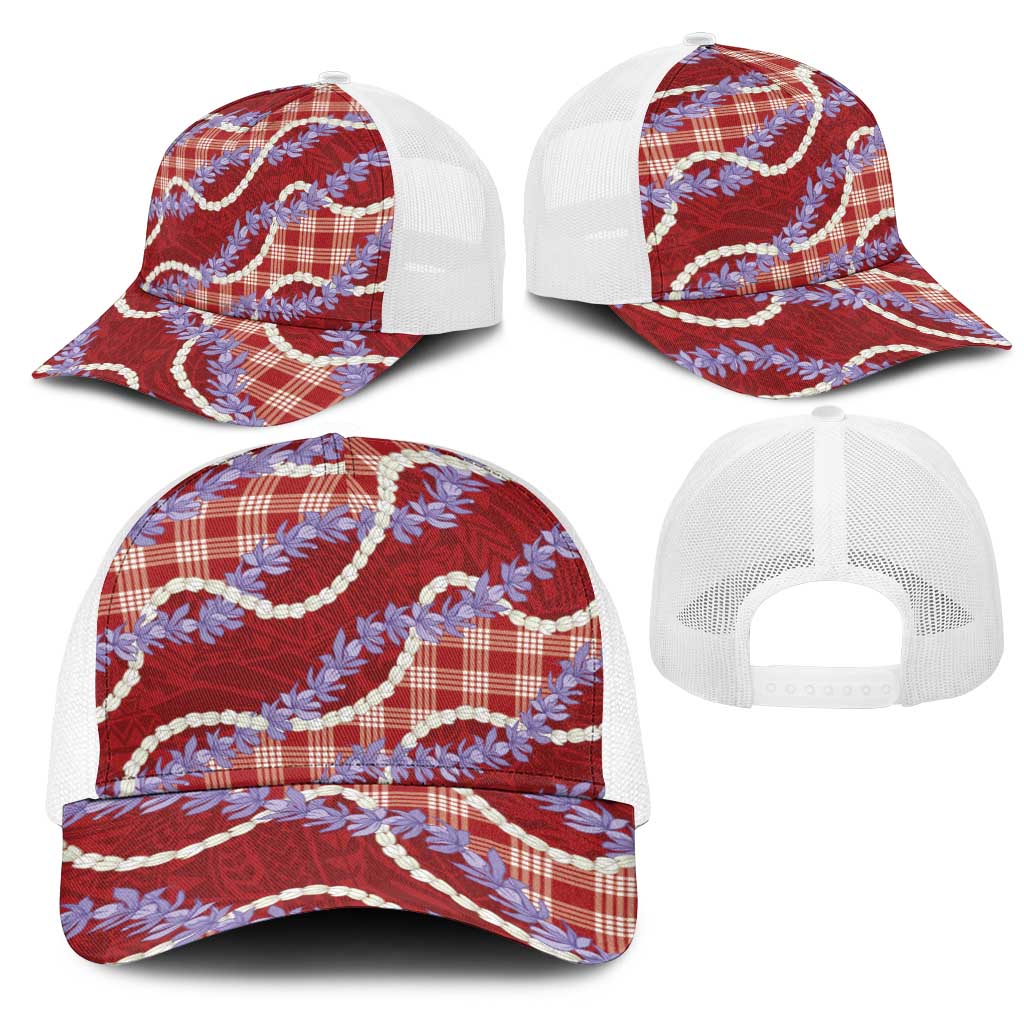 Red Hawaii Palaka Honohono Pikake Mesh Trucker Cap Hawaiian Orchid Lei Polynesian Pattern - Polynesian Pride
