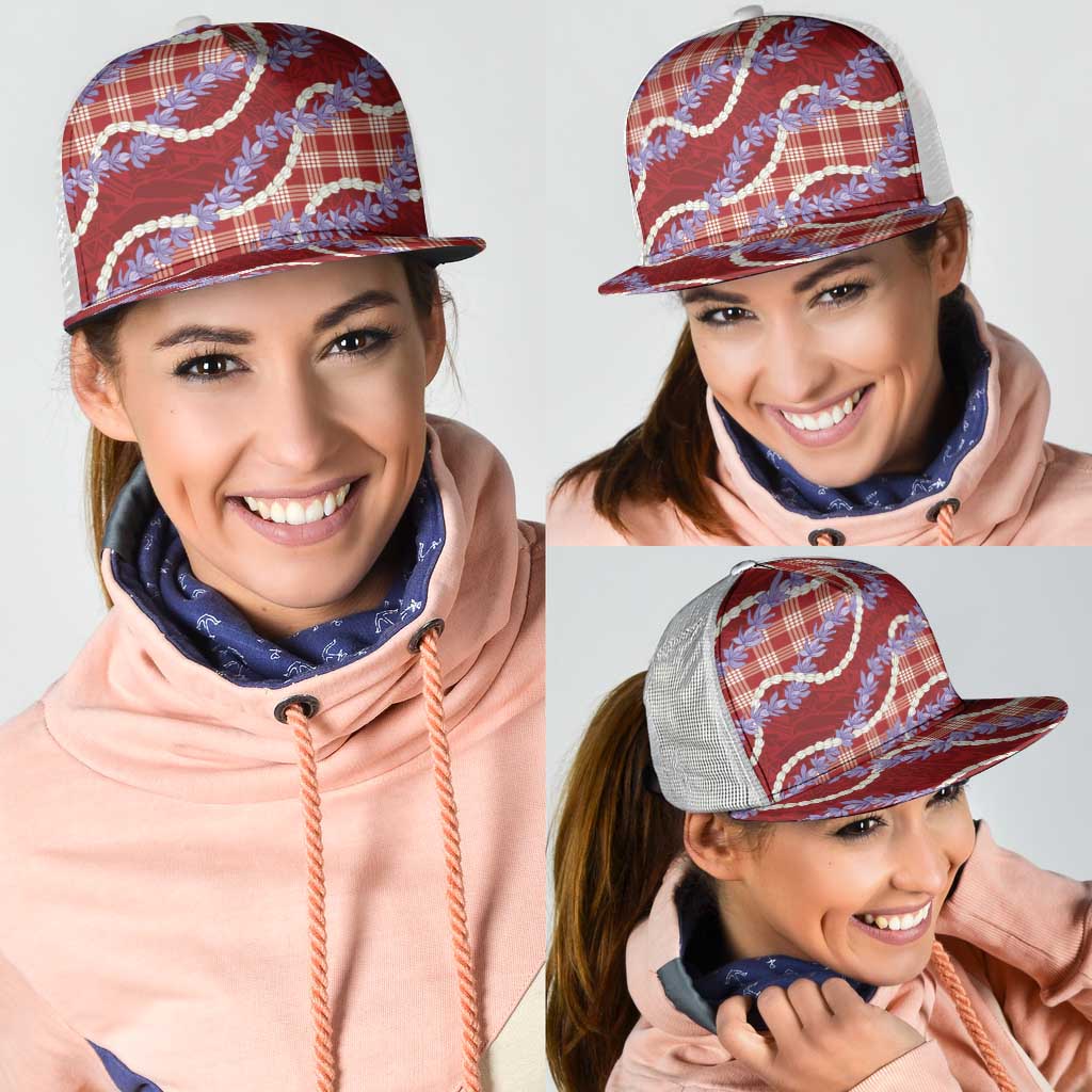 Red Hawaii Palaka Honohono Pikake Mesh Trucker Cap Hawaiian Orchid Lei Polynesian Pattern - Polynesian Pride