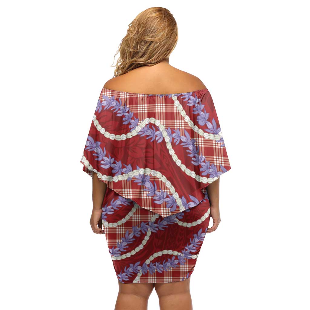 Red Hawaii Palaka Honohono Pikake Off Shoulder Short Dress Hawaiian Orchid Lei Polynesian Pattern - Polynesian Pride