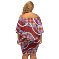 Red Hawaii Palaka Honohono Pikake Off Shoulder Short Dress Hawaiian Orchid Lei Polynesian Pattern - Polynesian Pride