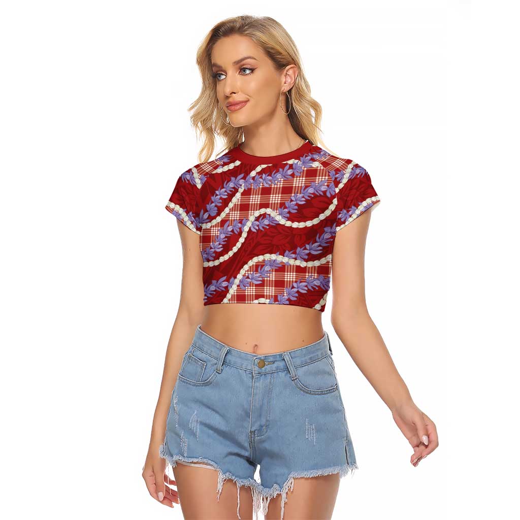 Red Hawaii Palaka Honohono Pikake Raglan Cropped T Shirt Hawaiian Orchid Lei Polynesian Pattern - Polynesian Pride