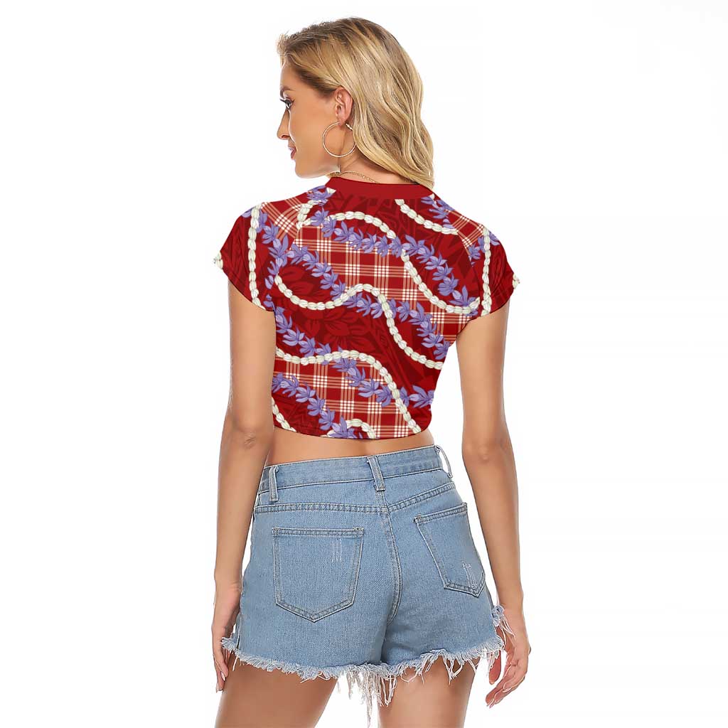 Red Hawaii Palaka Honohono Pikake Raglan Cropped T Shirt Hawaiian Orchid Lei Polynesian Pattern - Polynesian Pride