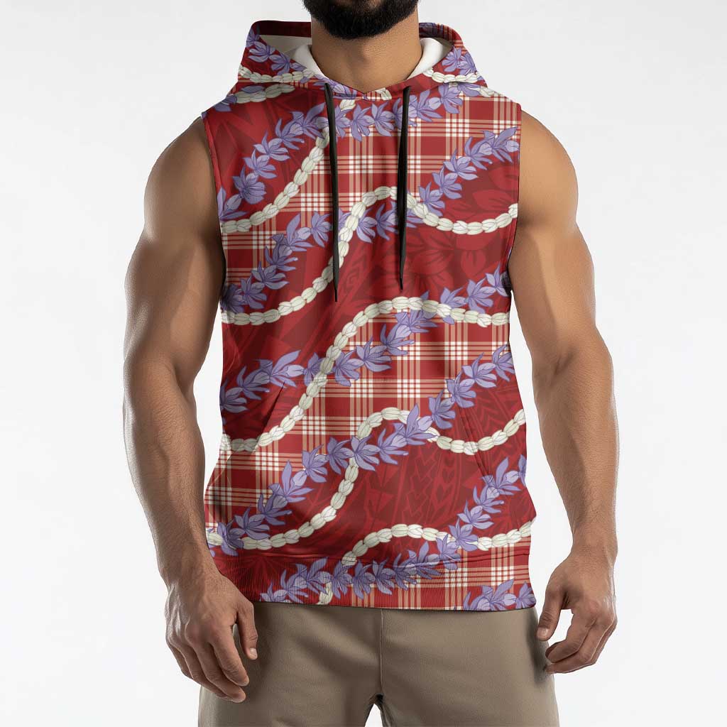 Red Hawaii Palaka Honohono Pikake Sleeveless Hoodie Hawaiian Orchid Lei Polynesian Pattern LT14 - Polynesian Pride