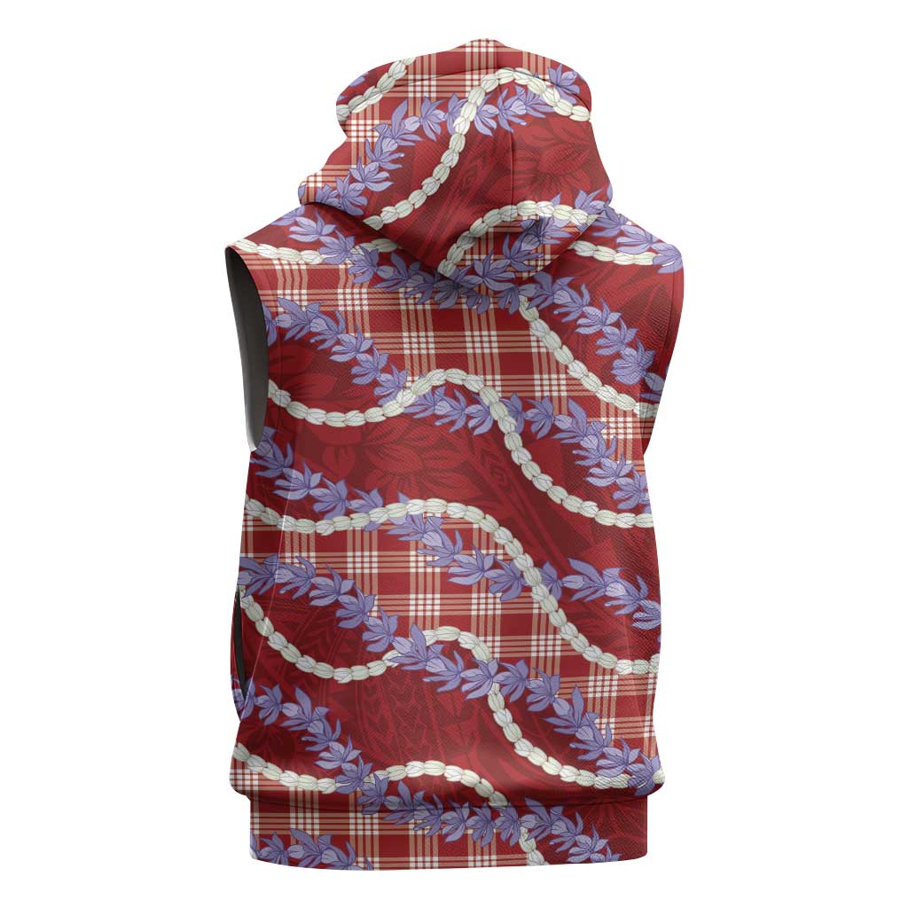Red Hawaii Palaka Honohono Pikake Sleeveless Zip Hoodie Hawaiian Orchid Lei Polynesian Pattern - Polynesian Pride