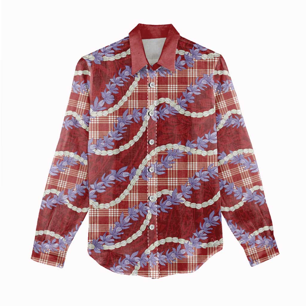 Red Hawaii Palaka Honohono Pikake Women Casual Shirt Hawaiian Orchid Lei Polynesian Pattern - Polynesian Pride