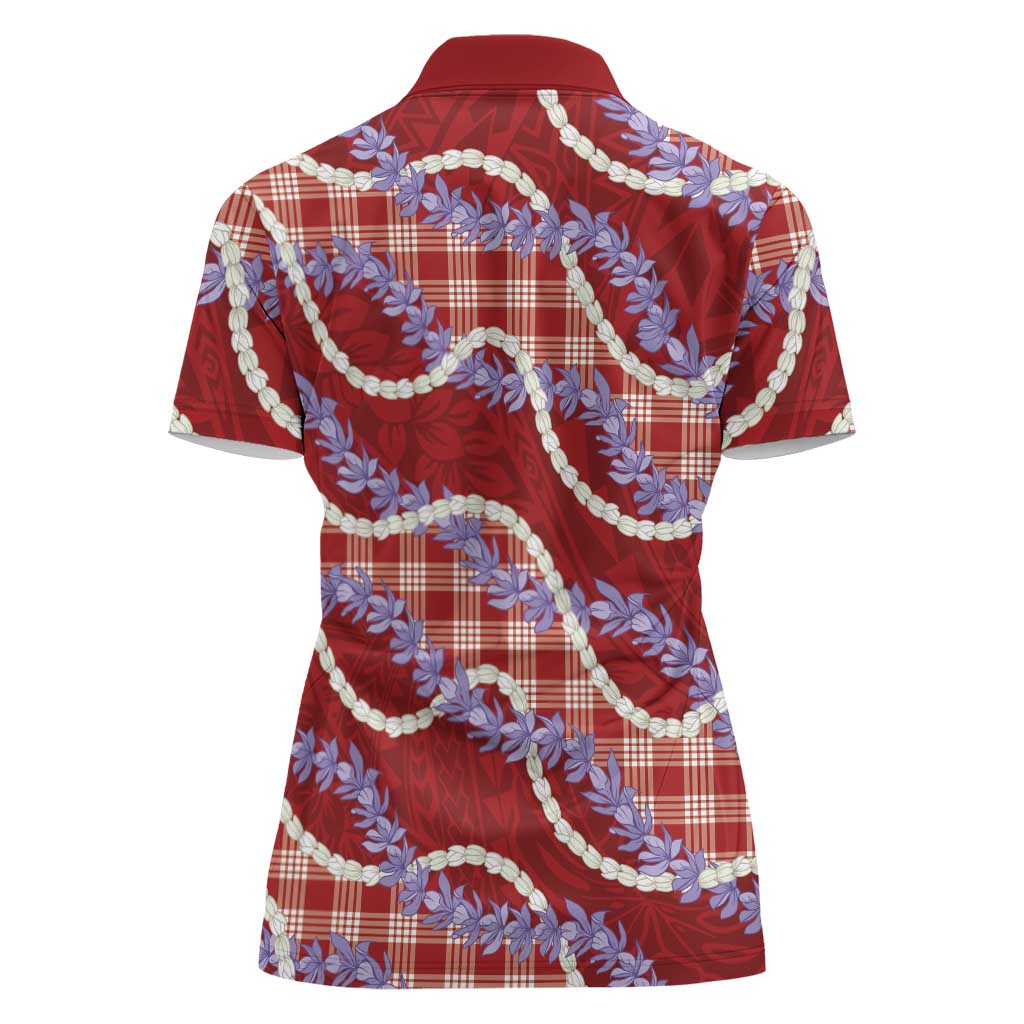 Red Hawaii Palaka Honohono Pikake Women Polo Shirt Hawaiian Orchid Lei Polynesian Pattern - Polynesian Pride