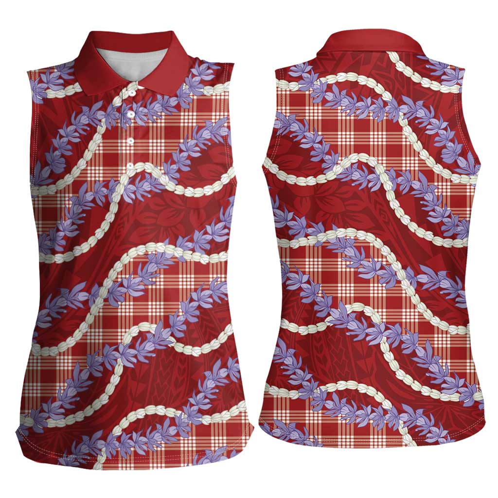 Red Hawaii Palaka Honohono Pikake Women Sleeveless Polo Shirt Hawaiian Orchid Lei Polynesian Pattern - Polynesian Pride