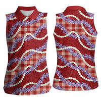 Red Hawaii Palaka Honohono Pikake Women Sleeveless Polo Shirt Hawaiian Orchid Lei Polynesian Pattern - Polynesian Pride