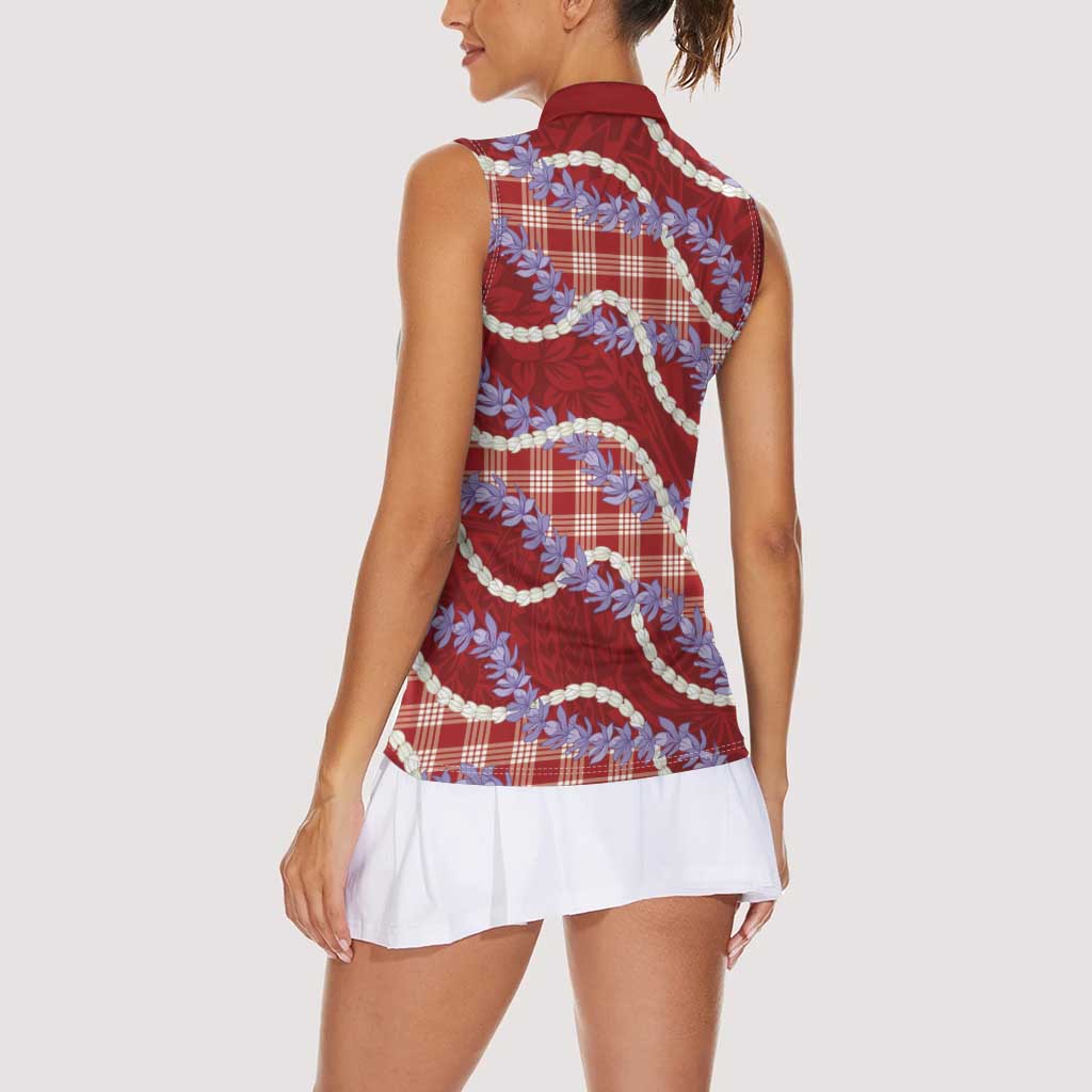 Red Hawaii Palaka Honohono Pikake Women Sleeveless Polo Shirt Hawaiian Orchid Lei Polynesian Pattern - Polynesian Pride