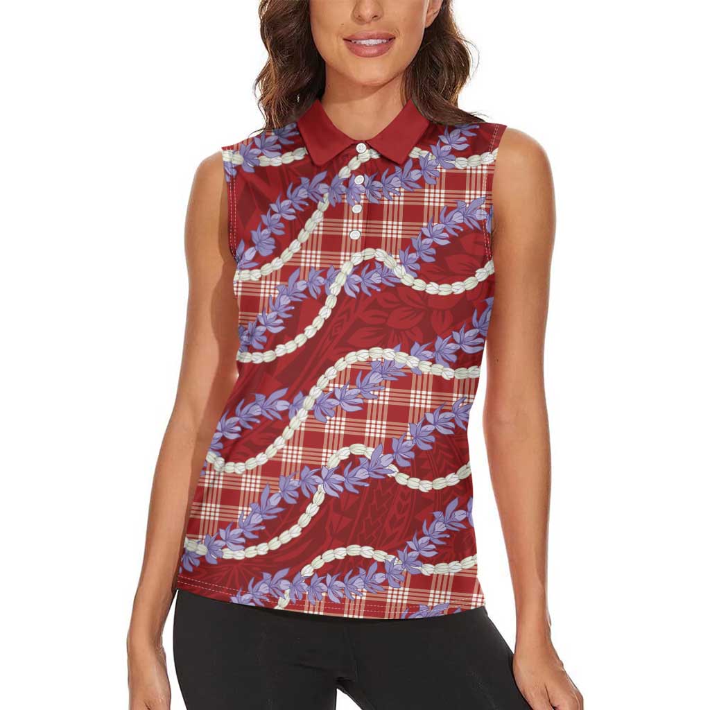 Red Hawaii Palaka Honohono Pikake Women Sleeveless Polo Shirt Hawaiian Orchid Lei Polynesian Pattern - Polynesian Pride