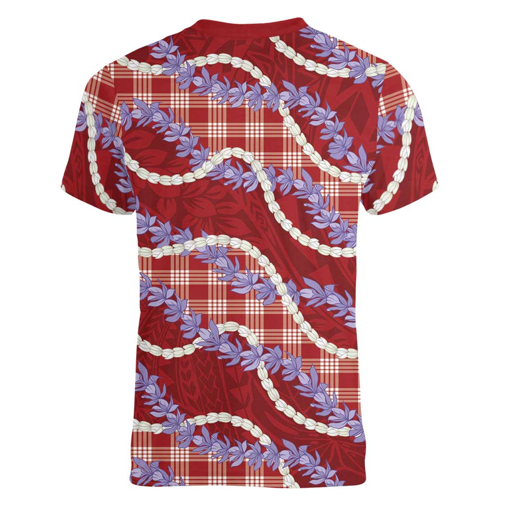 Red Hawaii Palaka Honohono Pikake Women V-Neck T-Shirt Hawaiian Orchid Lei Polynesian Pattern - Polynesian Pride