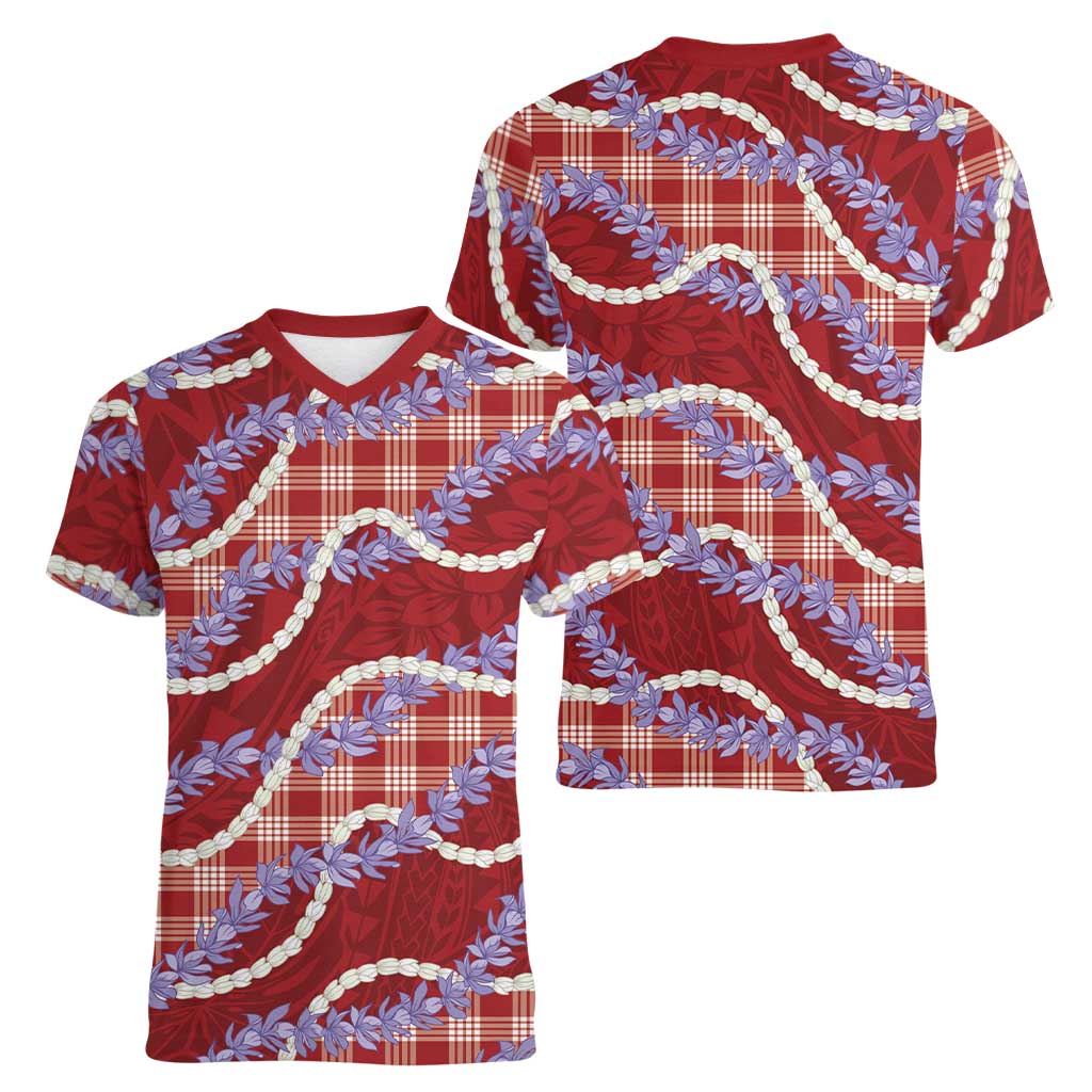 Red Hawaii Palaka Honohono Pikake Women V-Neck T-Shirt Hawaiian Orchid Lei Polynesian Pattern - Polynesian Pride