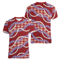 Red Hawaii Palaka Honohono Pikake Women V-Neck T-Shirt Hawaiian Orchid Lei Polynesian Pattern - Polynesian Pride