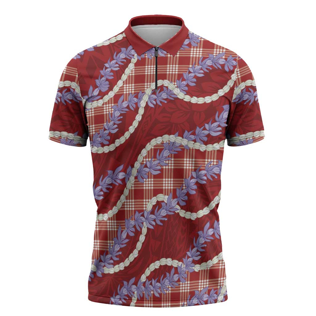 Red Hawaii Palaka Honohono Pikake Zipper Polo Shirt Hawaiian Orchid Lei Polynesian Pattern - Polynesian Pride