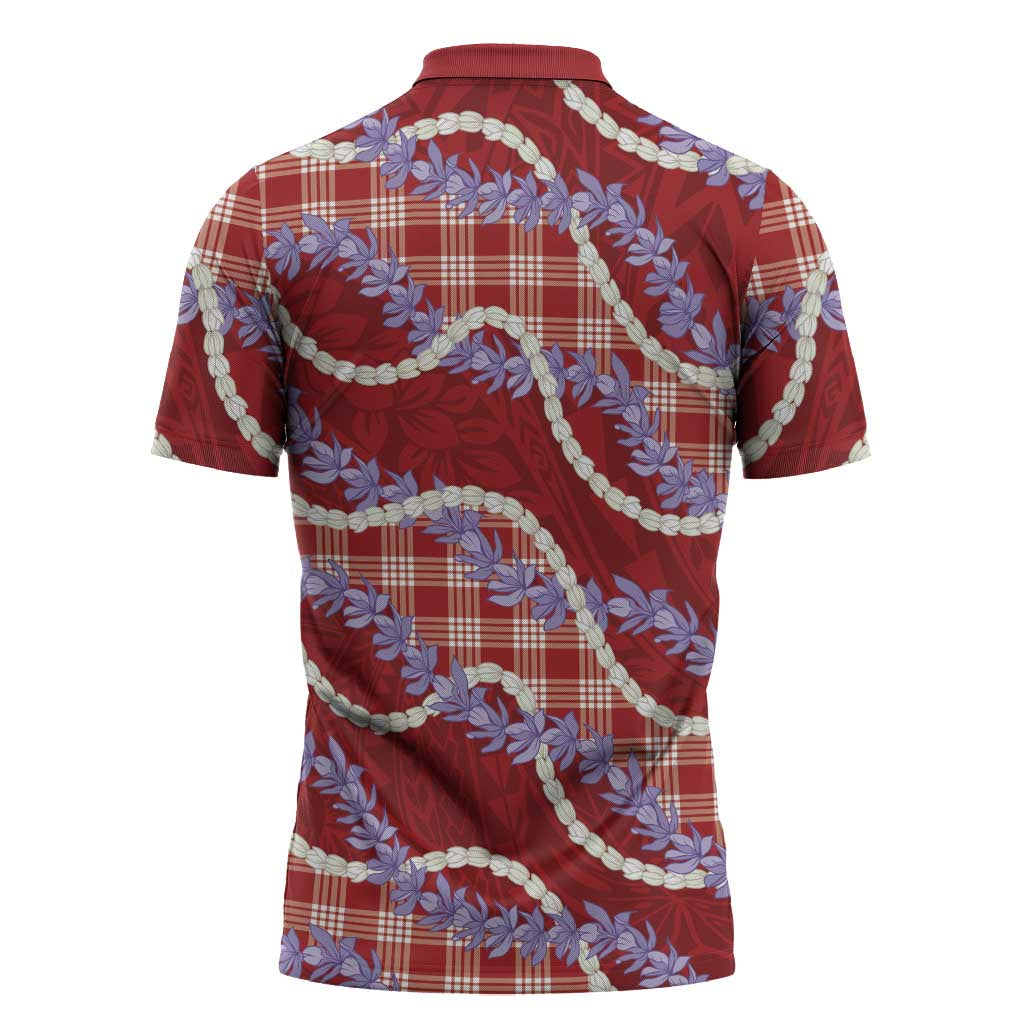 Red Hawaii Palaka Honohono Pikake Zipper Polo Shirt Hawaiian Orchid Lei Polynesian Pattern - Polynesian Pride