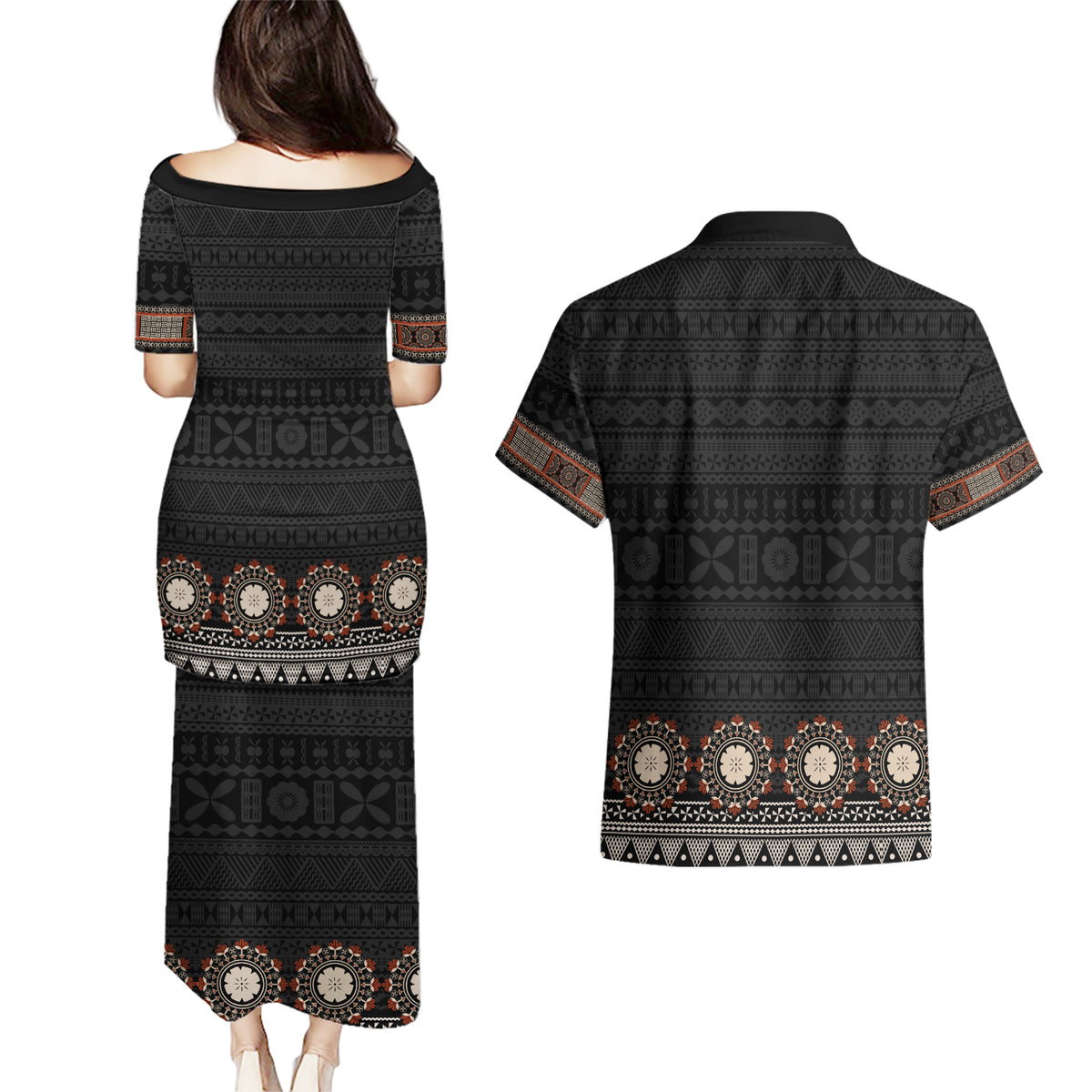 Bula Fiji Dashiki Vintage Fijian Masi Tapa Pattern Couples Matching Puletasi Dress and Hawaiian Shirt LT14 - Polynesian Pride