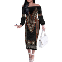 Bula Fiji Dashiki Vintage Fijian Masi Tapa Pattern Family Matching Off Shoulder Long Sleeve Dress and Hawaiian Shirt LT14 Mom's Dress Brown - Polynesian Pride