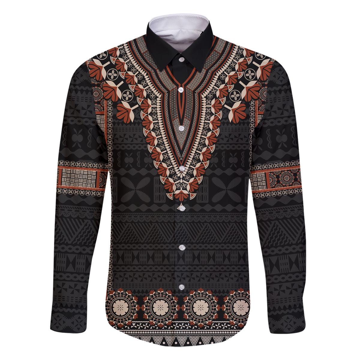 Bula Fiji Dashiki Vintage Fijian Masi Tapa Pattern Family Matching Tank Maxi Dress and Hawaiian Shirt LT14 Dad's Shirt - Long Sleeve Brown - Polynesian Pride