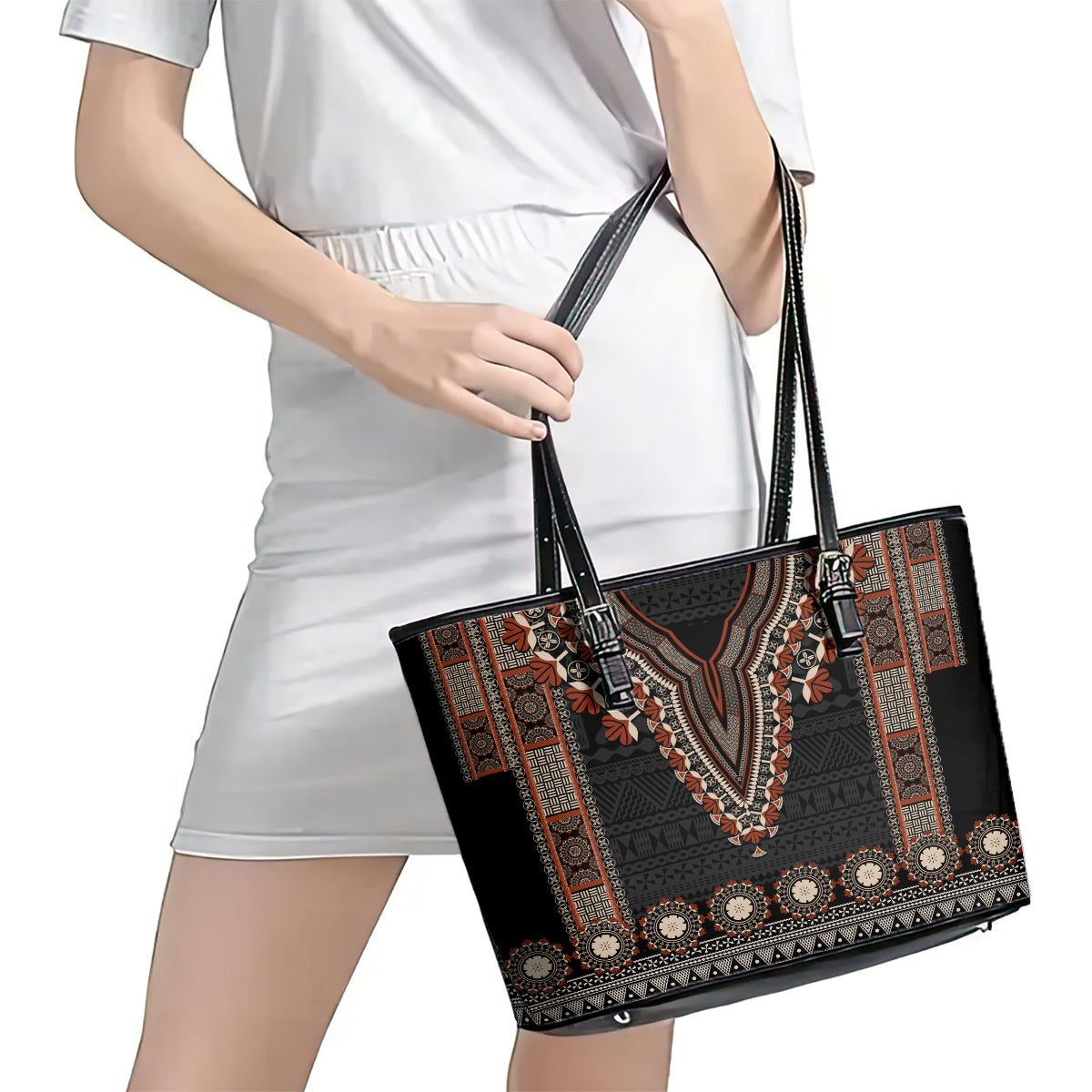 Bula Fiji Dashiki Vintage Fijian Masi Tapa Pattern Leather Tote Bag LT14 - Polynesian Pride