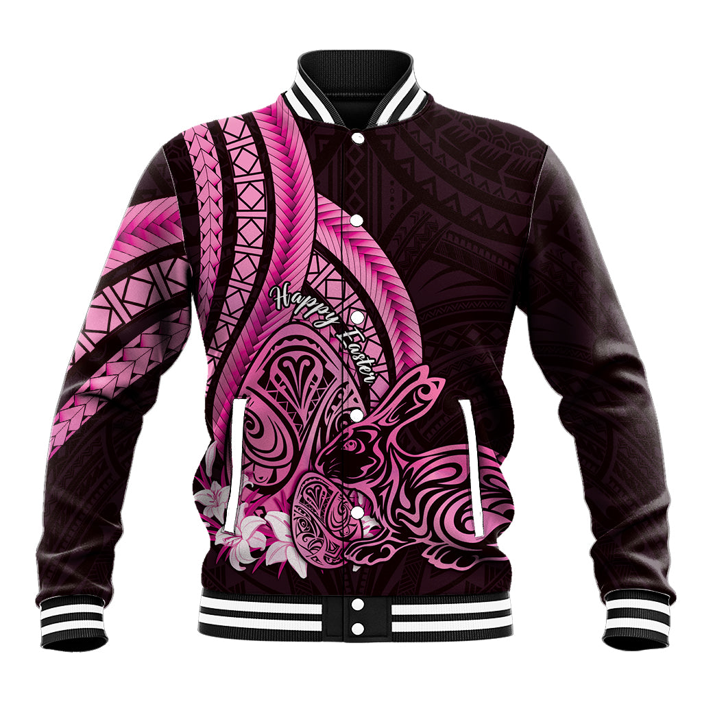 Pink Polynesia Easter Day Baseball Jacket Eggs With Bunny Polynesian Pattern
